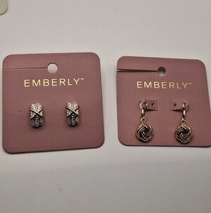 Emberly Textured Gold Earrings Bundle – Studs & Dangle – 2 Pair – New